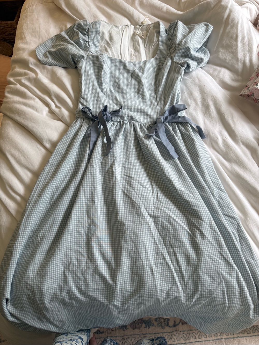bohme Light Blue Gingham Midi Dress with Puff Sleeves - Picture 2 of 4